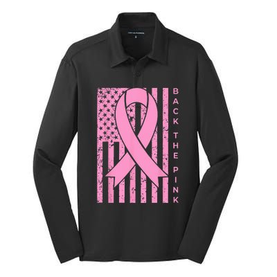 Back The Pink Breast Cancer Awareness Flag Silk Touch Performance Long Sleeve Polo