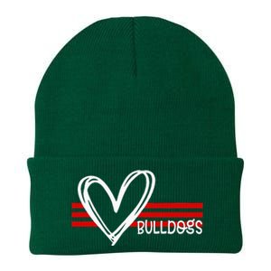 Bulldogs Team Pride School Spirit White Red Heart Knit Cap Winter Beanie