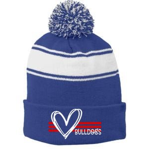 Bulldogs Team Pride School Spirit White Red Heart Stripe Pom Pom Beanie