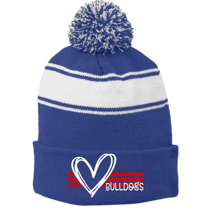 Bulldogs Team Pride School Spirit White Red Heart Stripe Pom Pom Beanie