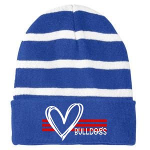 Bulldogs Team Pride School Spirit White Red Heart Striped Beanie with Solid Band