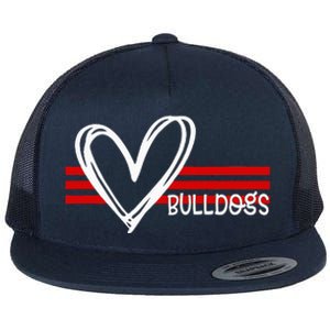 Bulldogs Team Pride School Spirit White Red Heart Flat Bill Trucker Hat