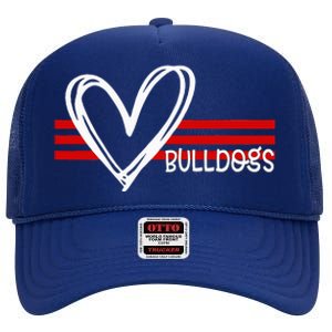 Bulldogs Team Pride School Spirit White Red Heart High Crown Mesh Back Trucker Hat