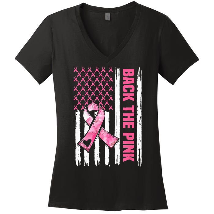 Back The Pink Warrior Flag American Breast Cancer Awareness Women's V-Neck T-Shirt