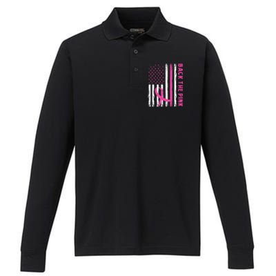 Back The Pink Ribbon Flag Breast Cancer Warrior Men Women Performance Long Sleeve Polo