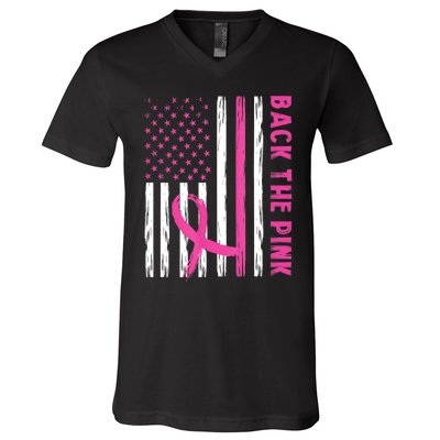 Back The Pink Ribbon Flag Breast Cancer Warrior Men Women V-Neck T-Shirt