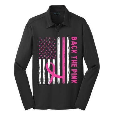 Back The Pink Ribbon Flag Breast Cancer Warrior Men Women Silk Touch Performance Long Sleeve Polo