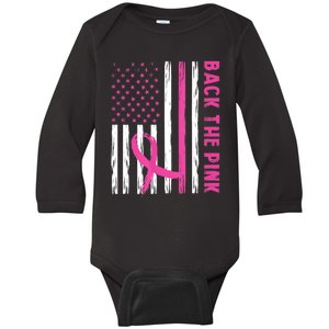 Back The Pink Ribbon Flag Breast Cancer Warrior Men Women Baby Long Sleeve Bodysuit