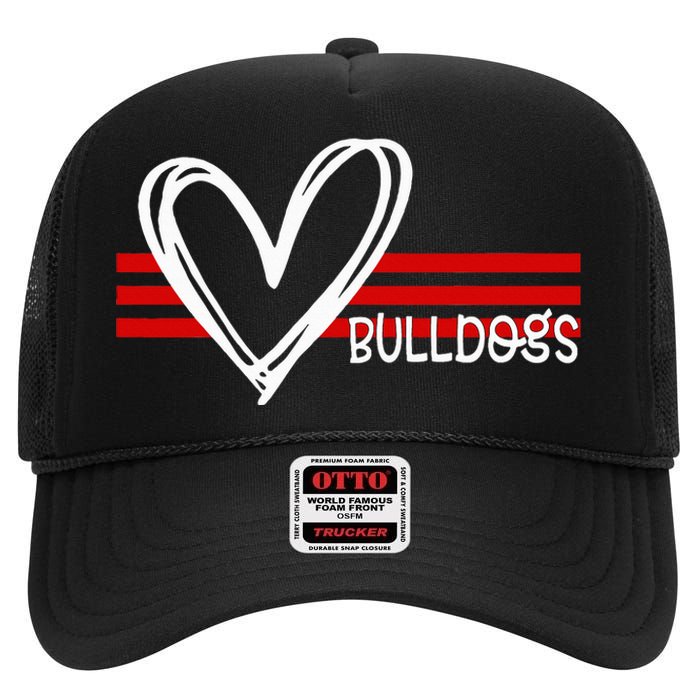 Bulldogs Team Pride School Spirit White Red Heart High Crown Mesh Back Trucker Hat