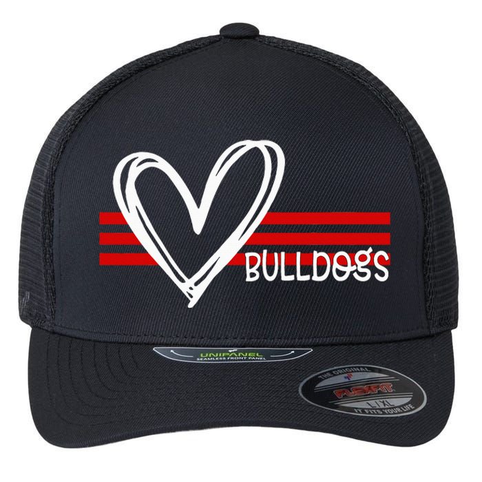 Bulldogs Team Pride School Spirit White Red Heart Flexfit Unipanel Trucker Cap