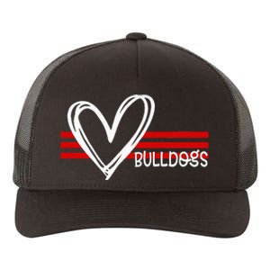 Bulldogs Team Pride School Spirit White Red Heart Yupoong Adult 5-Panel Trucker Hat