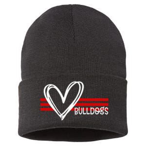 Bulldogs Team Pride School Spirit White Red Heart Sustainable Knit Beanie