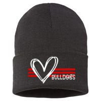 Bulldogs Team Pride School Spirit White Red Heart Sustainable Knit Beanie