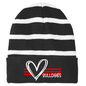 Bulldogs Team Pride School Spirit White Red Heart Striped Beanie with Solid Band