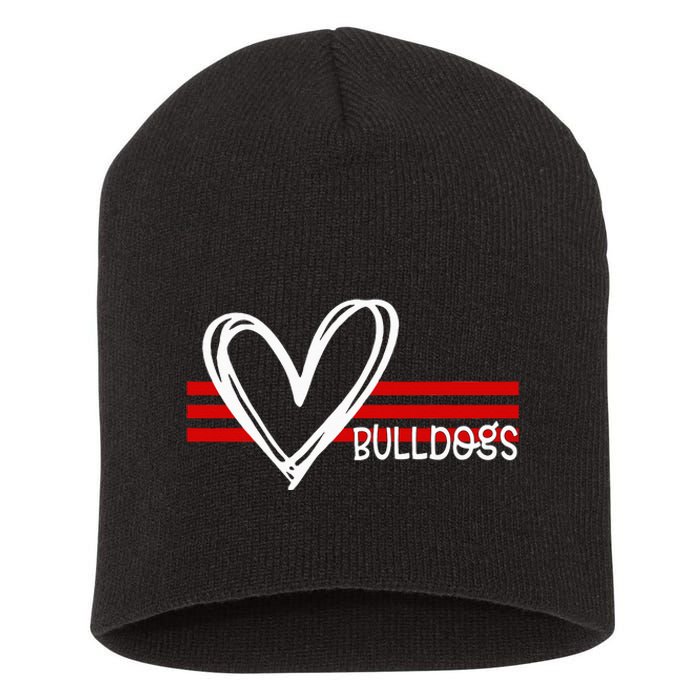 Bulldogs Team Pride School Spirit White Red Heart Short Acrylic Beanie