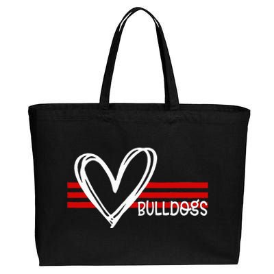 Bulldogs Team Pride School Spirit White Red Heart Cotton Canvas Jumbo Tote