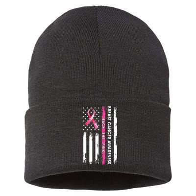 Back The Pink Ribbon American Flag Breast Cancer Awareness Sustainable Knit Beanie