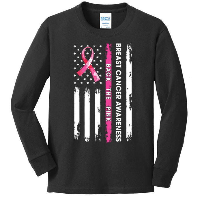 Back The Pink Ribbon American Flag Breast Cancer Awareness Kids Long Sleeve Shirt