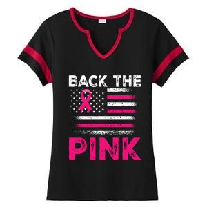 Back The Pink Ribbon Flag Breast Cancer Warrior Ladies Halftime Notch Neck Tee