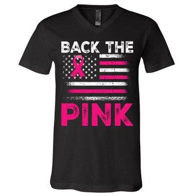 Back The Pink Ribbon Flag Breast Cancer Warrior V-Neck T-Shirt