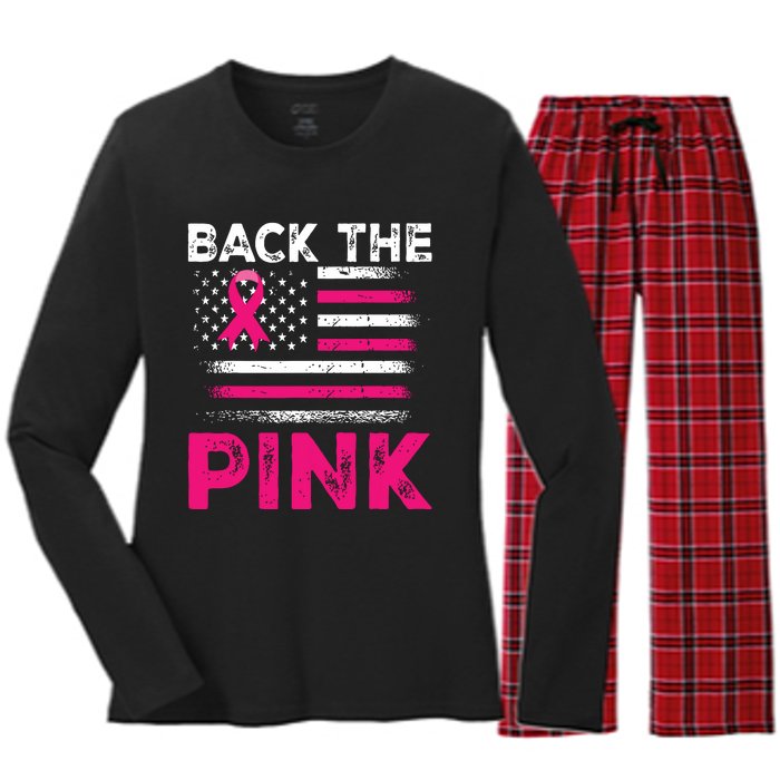 Back The Pink Ribbon Flag Breast Cancer Warrior Women's Long Sleeve Flannel Pajama Set 