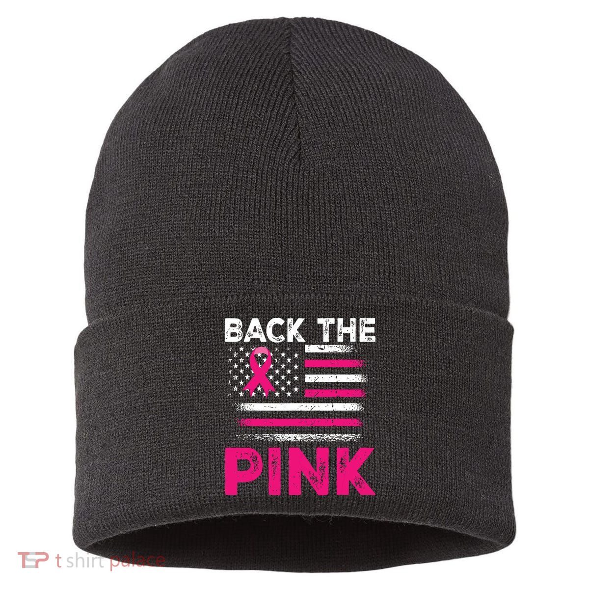 Back The Pink Ribbon Flag Breast Cancer Warrior Sustainable Knit Beanie