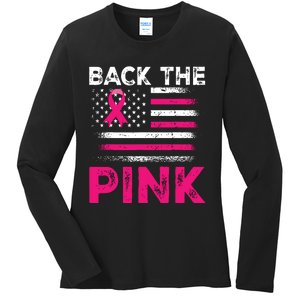 Back The Pink Ribbon Flag Breast Cancer Warrior Ladies Long Sleeve Shirt