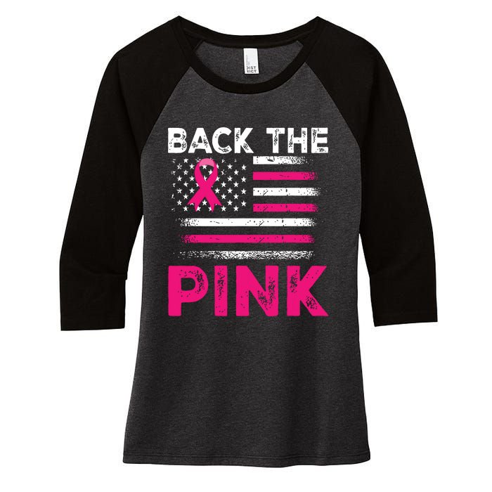 Back The Pink Ribbon Flag Breast Cancer Warrior Women's Tri-Blend 3/4-Sleeve Raglan Shirt