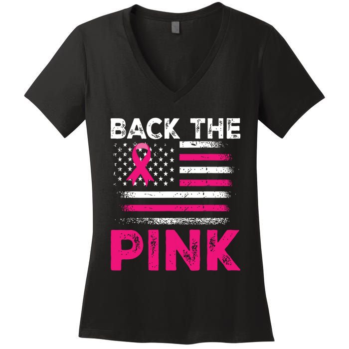 Back The Pink Ribbon Flag Breast Cancer Warrior Women's V-Neck T-Shirt