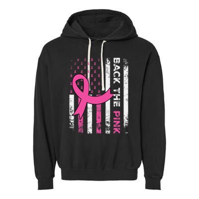 Back The Pink Ribbon American Flag Breast Cancer Awareness Garment-Dyed Fleece Hoodie