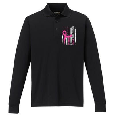 Back The Pink Ribbon American Flag Breast Cancer Awareness Performance Long Sleeve Polo