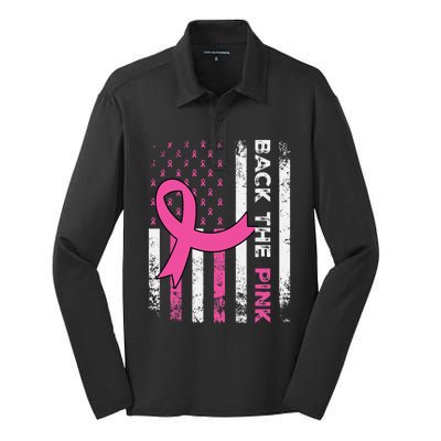 Back The Pink Ribbon American Flag Breast Cancer Awareness Silk Touch Performance Long Sleeve Polo