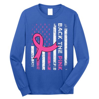 Back The Pink Ribbon American Flag Breast Cancer Awareness Long Sleeve Shirt