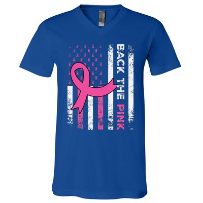 Back The Pink Ribbon American Flag Breast Cancer Awareness V-Neck T-Shirt