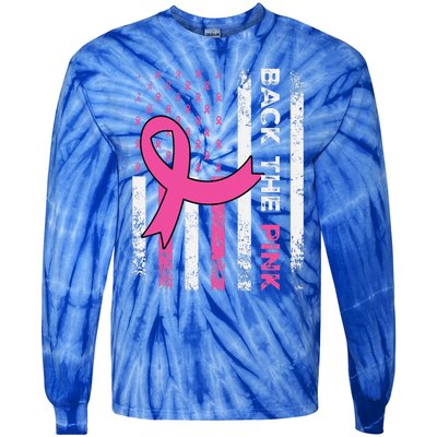 Back The Pink Ribbon American Flag Breast Cancer Awareness Tie-Dye Long Sleeve Shirt