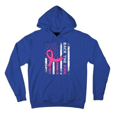 Back The Pink Ribbon American Flag Breast Cancer Awareness Tall Hoodie