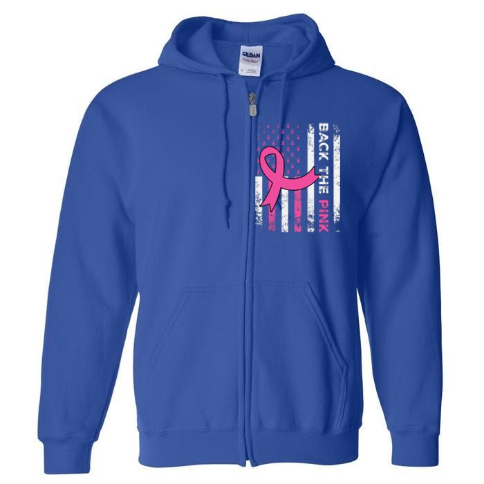 Back The Pink Ribbon American Flag Breast Cancer Awareness Full Zip Hoodie