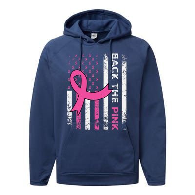 Back The Pink Ribbon American Flag Breast Cancer Awareness Performance Fleece Hoodie