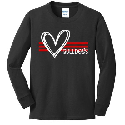 Bulldogs Team Pride School Spirit White Red Heart Kids Long Sleeve Shirt