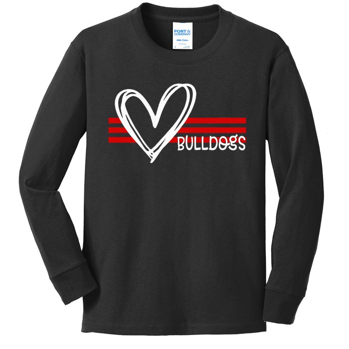 Bulldogs Team Pride School Spirit White Red Heart Kids Long Sleeve Shirt