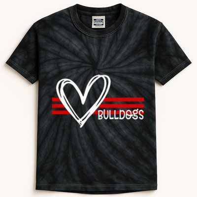 Bulldogs Team Pride School Spirit White Red Heart Kids Tie-Dye T-Shirt