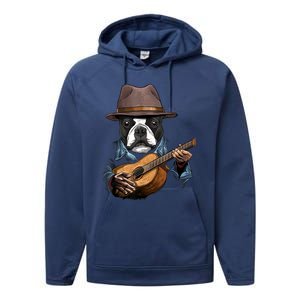 Boston Terrier Playing Guitar Pet Dog Lover Guitar Player Performance Fleece Hoodie