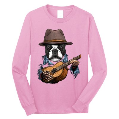 Boston Terrier Playing Guitar Pet Dog Lover Guitar Player Long Sleeve Shirt