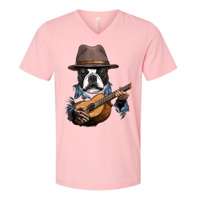 Boston Terrier Playing Guitar Pet Dog Lover Guitar Player V-Neck T-Shirt