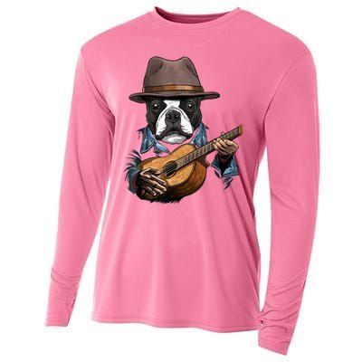 Boston Terrier Playing Guitar Pet Dog Lover Guitar Player Cooling Performance Long Sleeve Crew