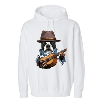 Boston Terrier Playing Guitar Pet Dog Lover Guitar Player Garment-Dyed Fleece Hoodie