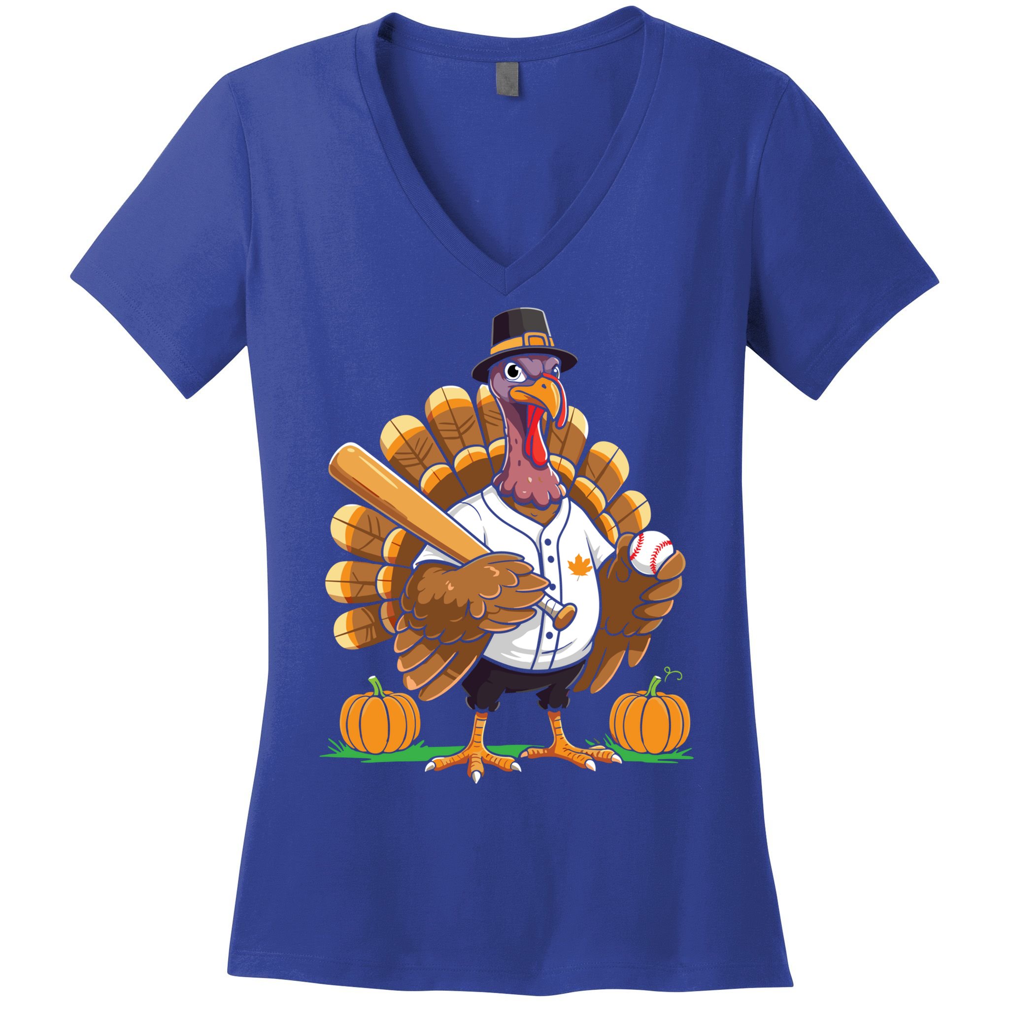 Baseball Turkey Pilgrim Thanksgiving Pumpkin Meaningful Gift Women's V-Neck T-Shirt