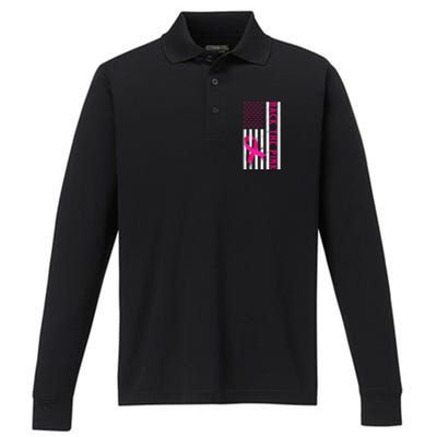 Back The Pink American Flag Pink Ribbon Breast Cancer Performance Long Sleeve Polo