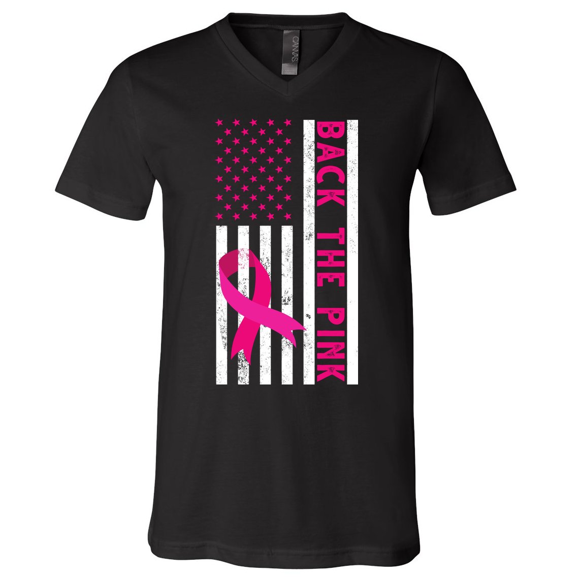 Back The Pink American Flag Pink Ribbon Breast Cancer V-Neck T-Shirt