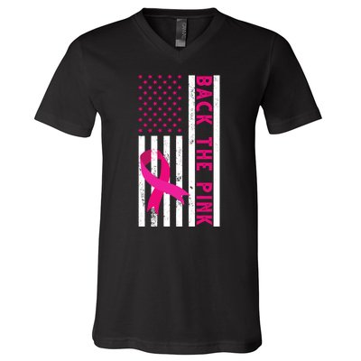 Back The Pink American Flag Pink Ribbon Breast Cancer V-Neck T-Shirt